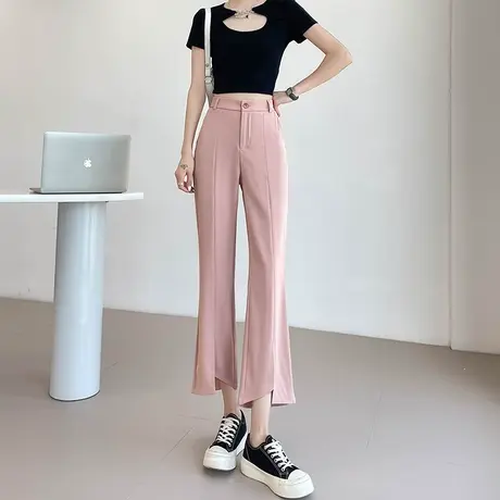 粉色开叉微喇裤女九分夏季薄款高腰垂感直筒显瘦小个子冰丝西装裤商品大图