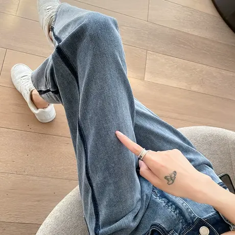 撞色哈伦牛仔裤女2024年秋冬新款高腰宽松显瘦百搭老爹哈伦裤子潮商品大图