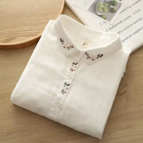 春秋季日系文艺小清新双层纱纯棉刺绣长袖衬衫女学生宽松打底上衣图片