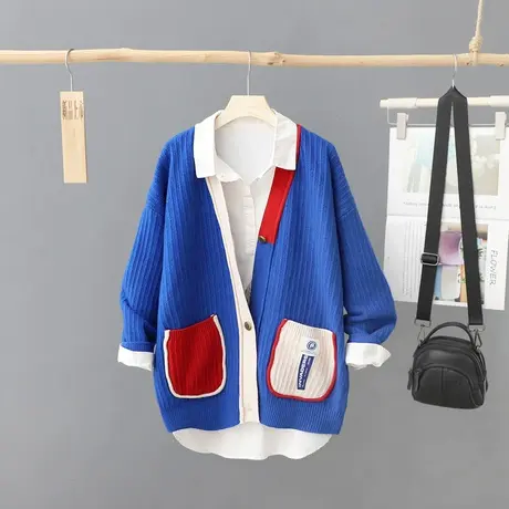 V领针织开衫女长袖时尚撞色外套秋冬新款休闲上衣慵懒风宽松毛衣图片