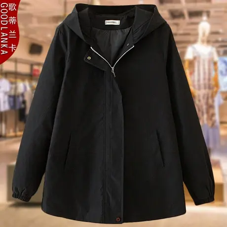 中年妈妈秋装休闲夹克连帽外套加大码妈妈装宽松洋气中长款风衣女商品大图
