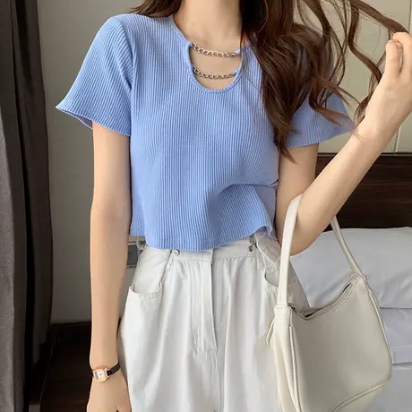链条设计感小心机短袖T恤女夏季新款ins潮高腰百搭修身短款上衣服商品大图