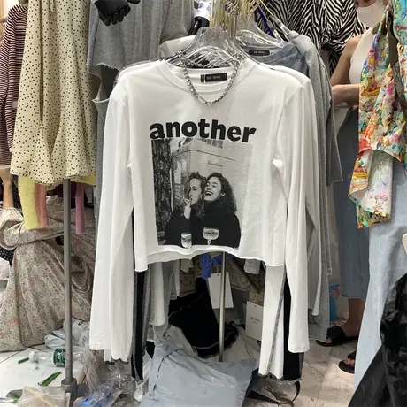 白色长袖t恤女春秋韩版宽松显瘦内搭打底衫网红炸街高腰短款上衣图片