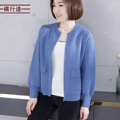 2025春装新款韩版中年妈妈长袖女针织开衫圆领拉链口袋黑色外套女商品大图