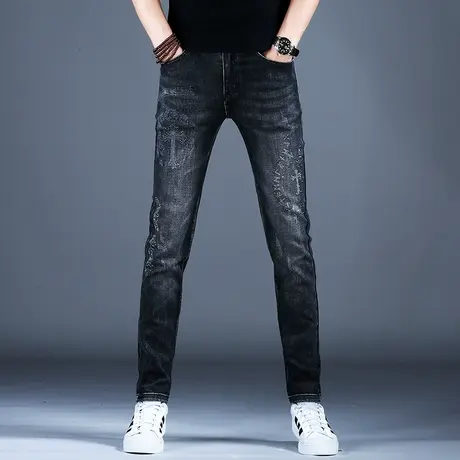 秋冬烟灰色烫钻印花牛仔裤男款修身小脚裤子2023新款高端潮牌男裤图片