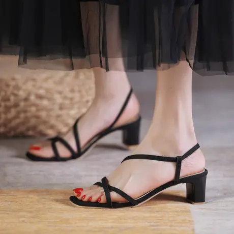 粗跟凉鞋女2023年夏季新款少女中跟百搭仙女风网红交叉一字带单鞋商品大图