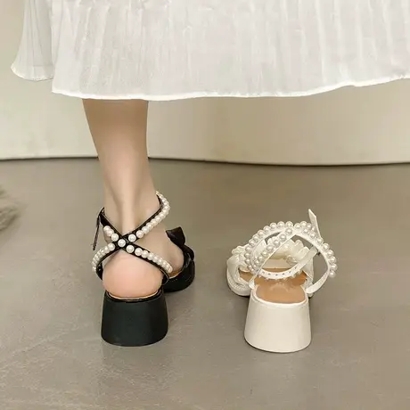 法式配裙子凉鞋女2024夏季新款ins潮百搭珍珠中跟仙女温柔晚晚风图片