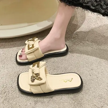 凉拖鞋女夏外穿2023新款网红小熊蝴蝶结气质方头配裙子沙滩一字拖图片