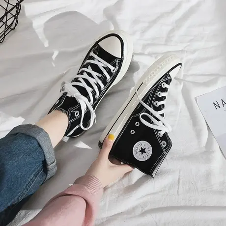 2020春季新款高帮帆布鞋女黑色1970s韩版百搭ulzzang学生板鞋潮鞋图片