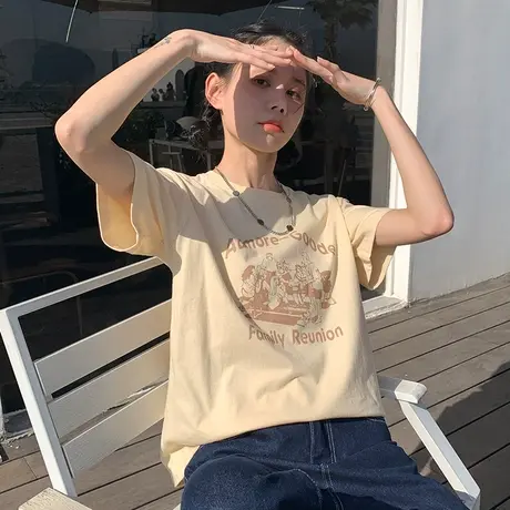 唐狮短袖T恤女士夏季美式复古宽松纯棉T恤打底衫小众别致洋气上衣图片