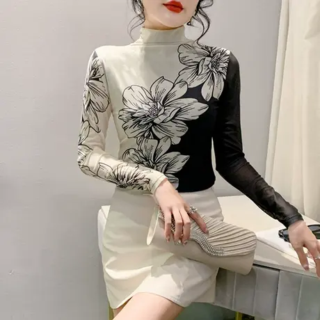 秋冬款加绒厚实T恤女长袖性感网纱半高领上衣洋气修身印花打底衫图片