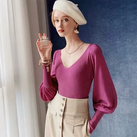 粉红大布娃娃2022新款时尚薄款修身毛衣浪漫灯笼袖V领针织衫打底商品大图