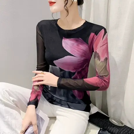 性感漂亮T恤女长袖秋冬新款网纱打底衫修身扎染印花内塔上衣洋气商品大图