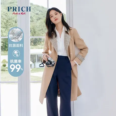【直播专享】PRICH风衣新品秋冬新款拼接格子英伦长款外套上衣女图片