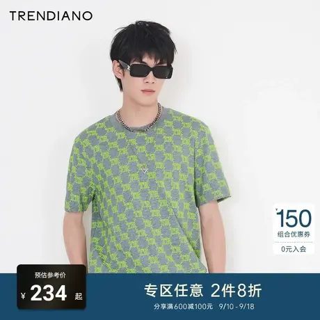 TRENDIANO官方潮牌男装时尚潮流满印复古气质老花植绒圆领短袖T恤商品大图