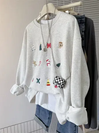 满印圣诞刺绣圆领套头加绒上衣秋冬女款韩版花白色洋气简约卫衣潮商品大图