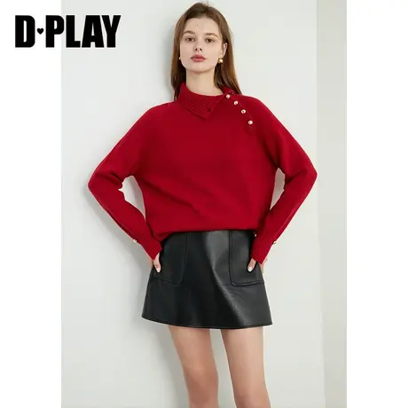 DPLAY春节日氛围羊毛法系复古风红色宽松翻领金属扣套头毛衣图片