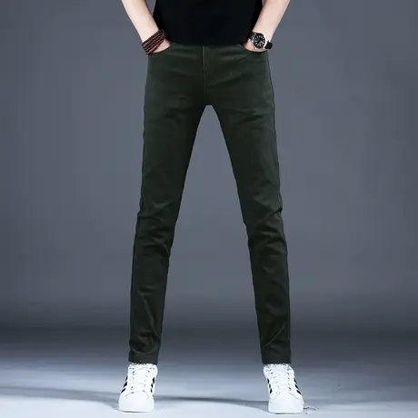小脚修身弹力牛仔裤男款个性军绿色裤子潮流男士骑行长裤2023新款商品大图
