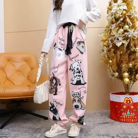 韩版宽松休闲加绒加厚卡通卫裤女2024新款春秋季洋气百搭减龄裤子图片