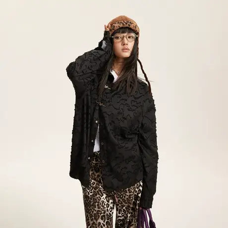 新中式设计感黑色衬衫女春秋2024新款美式复古宽松衬衣情侣装上衣商品大图