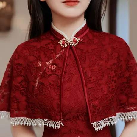 旗袍敬酒服新娘2023新款夏季结婚订婚回门礼服连衣裙蕾丝披肩高贵商品大图
