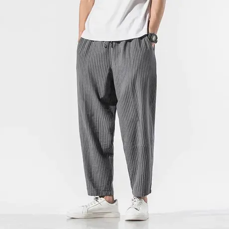 条纹九分裤男夏季裤子复古棉麻休闲裤加肥加大码直筒宽松裤子男装商品大图