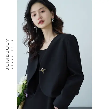 嘉茱莉2024新款黑色V领小西装外套女小个子短款西服外套小众上衣商品大图