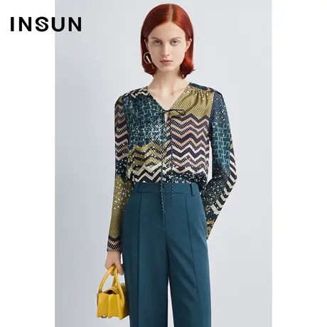 INSUN恩裳秋季印花弹力双乔真丝衬衫商品大图