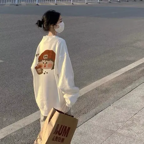 美式复古印花落肩卫衣女春秋薄款ins潮牌宽松慵懒风chic港风上衣商品大图