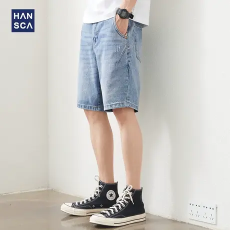 汉斯卡牛仔短裤男夏季韩版潮流蓝色宽松直筒休闲大码拼接五分中裤商品大图