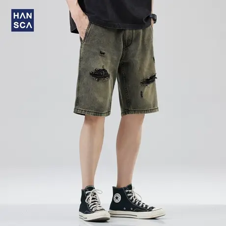 hansca黄泥染牛仔短裤男破洞夏季宽松直筒五分裤潮牌休闲大码中裤图片