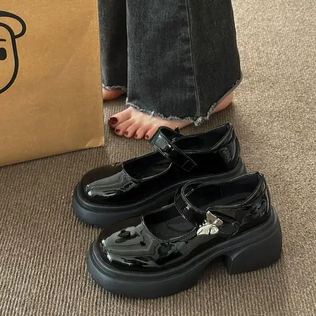 英伦风高跟粗跟单鞋女浅口一字带厚底小个子玛丽珍鞋增高松糕鞋子商品大图