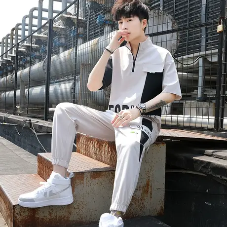 休闲运动衣服套装男夏季潮牌2023新款立领t恤工装短袖帅气两件套商品大图