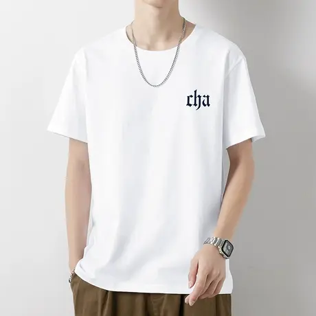 重磅纯棉短袖t恤男美式潮流圆领上衣服夏季宽松全棉半袖白色体恤商品大图