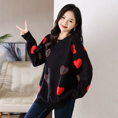 伊自尚2023年秋冬新款女装时尚大码上衣胖mm宽松圆领长袖针织毛衣图片