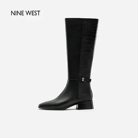 Nine West/玖熙拼接鳄鱼纹高筒靴2023冬新款方头粗跟不过膝骑士靴商品大图