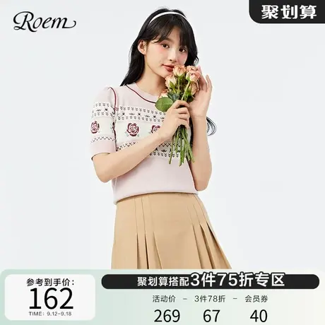 Roem商场同款春秋新品复古粉色玫瑰圆领套头针织衫上衣女图片