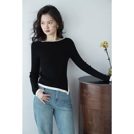 嘉茱莉2023秋季新款绵羊毛针织毛衣女薄款针织上衣撞色包边低圆领商品大图