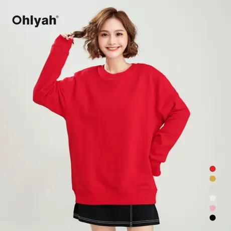 Ohlyah品牌 红色卫衣女装韩版oversize潮牌上衣服圆领纯棉打底衫商品大图