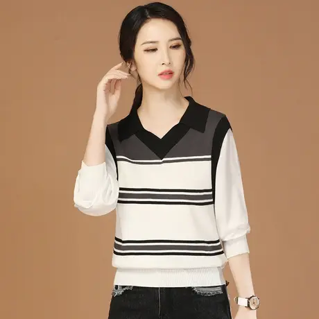 韩潮袭人POLO领假两件条纹针织衫上衣女2023秋季新款宽松长袖毛衣商品大图