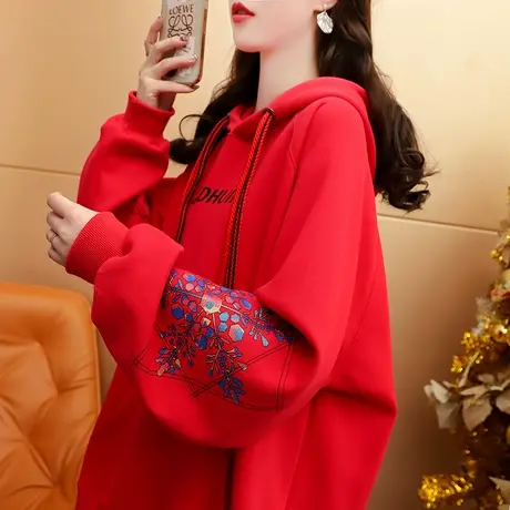 加绒加厚连帽卫衣外套女2023新款秋冬爆款洋气网红宽松设计感上衣图片