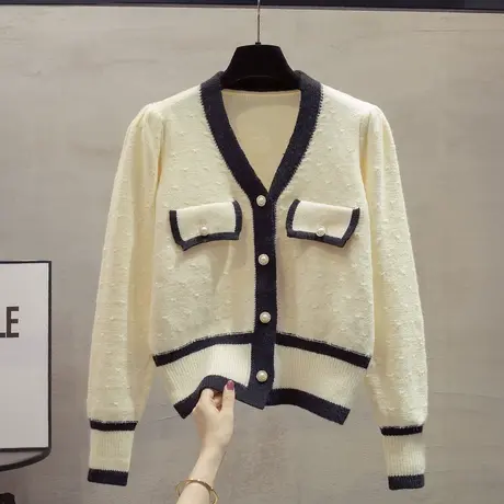 小香风亮片v领针织开衫女2023秋装新款短款上衣泡泡袖毛衣外套潮图片