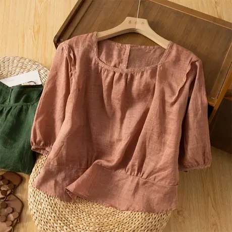 享永子中袖苎麻上衣女方领文艺复古宽松显瘦棉麻T恤小衫2023新款图片