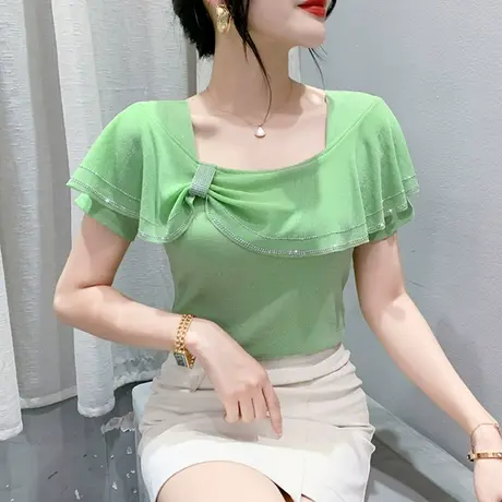 气质荷叶边短袖T恤女2023夏装新款性感网纱小衫时尚别致烫钻上衣商品大图