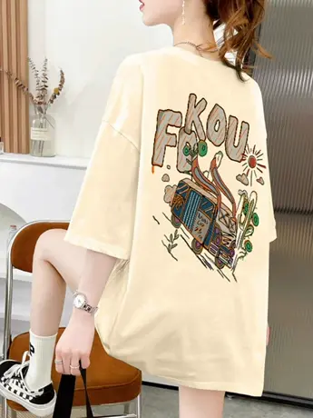 爆款杏色纯棉短袖t恤女大码女装夏季中长款2023新款宽松减龄上衣商品大图