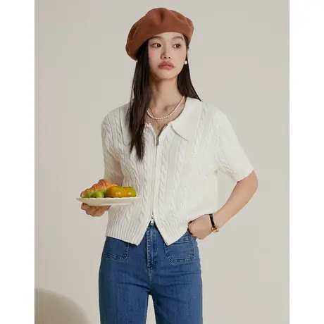 弥古法式polo领翻领针织衫秋上衣女设计感开衫显瘦短袖t恤高级感商品大图