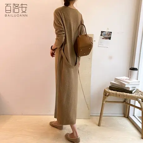 百洛安长款过膝圆领毛衣女秋冬新款宽松大码长袖针织衫系带连衣裙图片
