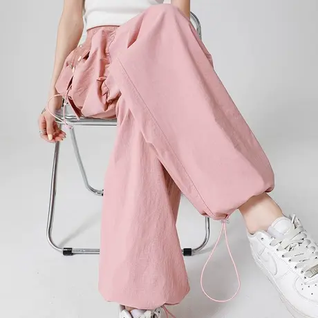 粉色工装裤女夏薄款高腰宽松显瘦束脚两穿美式休闲冰丝速干阔腿裤商品大图