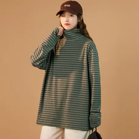 宽松长袖t恤女2023新款条纹上衣女装秋冬加厚德绒高领打底衫内搭图片