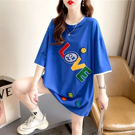 设计感小众短袖t恤女夏季韩版宽松大码女装中长款克莱因蓝上衣服商品大图